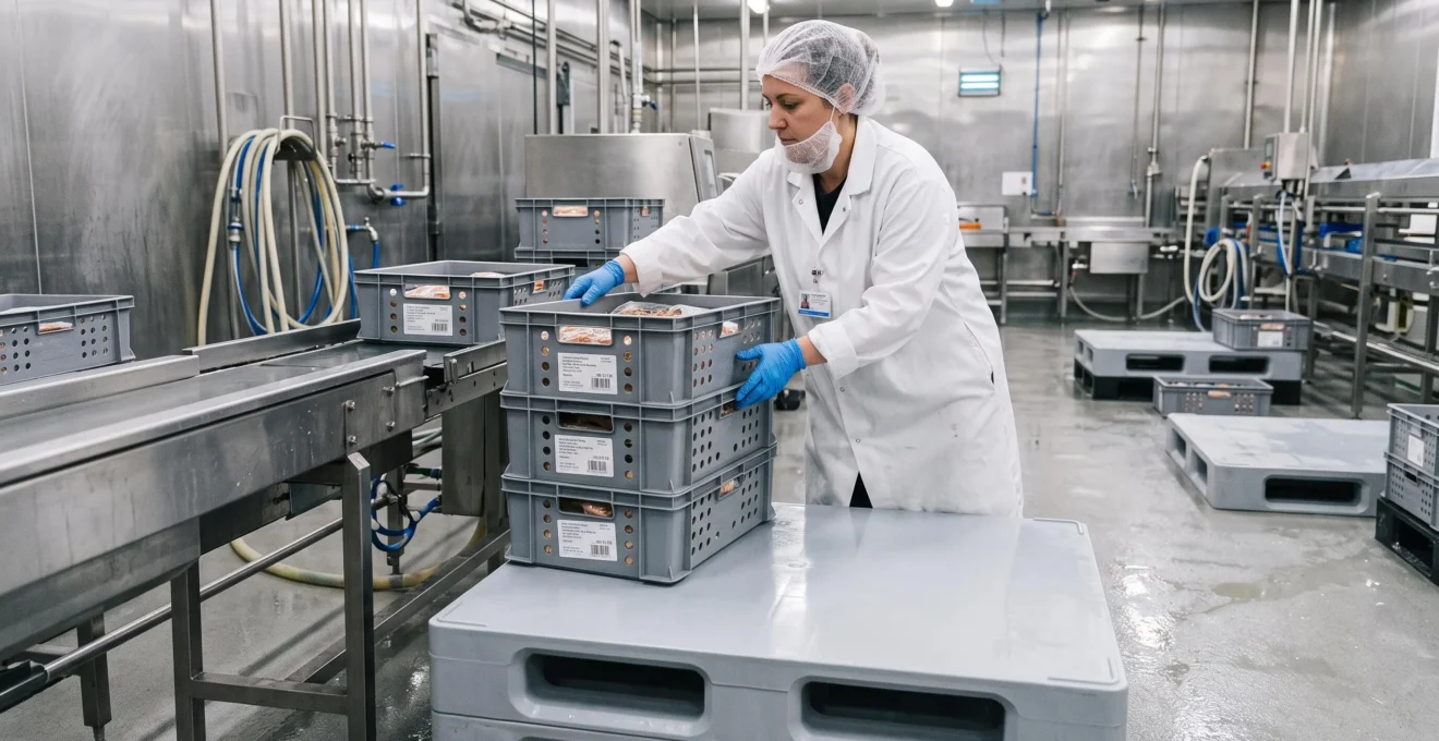Une employée agence des caisses alimentaires sur une palette fermée lavable en locaux propres.